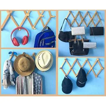 Azi 2 Excellent Quality Bamboo Rack - Accordion Style Expandable Wall Mounted Rack - 13 Pegs/Hooks (2’’ Long Pegs) for Hat Caps Belt Umbrella Coffee Mug Jewelry Elegant Eco-Friendly