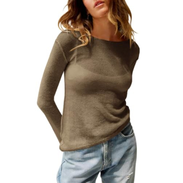 Imily Bela Women's Boat Neck Shirts Long Sleeve Lightweight Knit Pullover Sweaters Casual Sheer Blou...