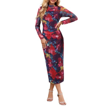 MEROKEETY Women's 2024 Long Sleeve Tie Dye Dress Bodycon Mock Neck Mesh Ruched Cocktail Maxi Dresses...