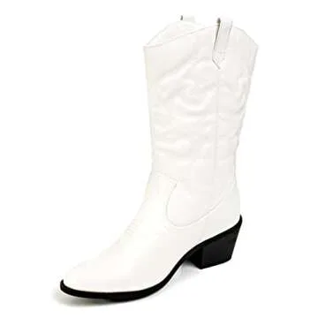 Charles Albert Womens Cowboy Boots for Women Embroidered Stacked Heel Mid-Calf Western Cowgirl Boots in White Size 8