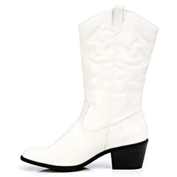 Charles Albert Womens Cowboy Boots for Women Embroidered Stacked Heel Mid-Calf Western Cowgirl Boots in White Size 8