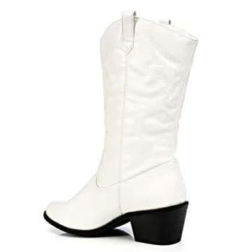 Charles Albert Womens Cowboy Boots for Women Embroidered Stacked Heel Mid-Calf Western Cowgirl Boots in White Size 8