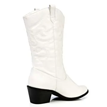 Charles Albert Womens Cowboy Boots for Women Embroidered Stacked Heel Mid-Calf Western Cowgirl Boots in White Size 8
