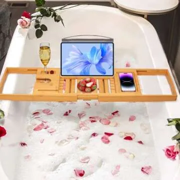 Artmalle Luxury Bathtub Caddy Tray for Tub - Foldable Bamboo Bath Table Tray with Book and Wine Glass Holder, Expandable Bathroom Accessories for Spa or Reading Lite Style