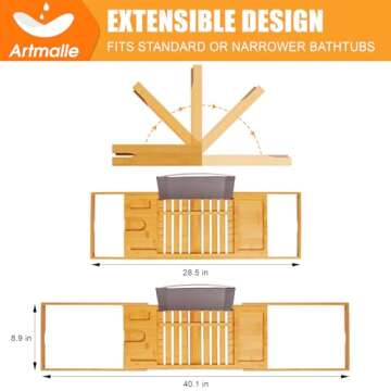 Artmalle Luxury Bathtub Caddy Tray for Tub - Foldable Bamboo Bath Table Tray with Book and Wine Glass Holder, Expandable Bathroom Accessories for Spa or Reading Lite Style