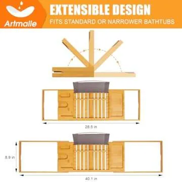 Artmalle Luxury Bathtub Caddy Tray for Tub - Foldable Bamboo Bath Table Tray with Book and Wine Glass Holder, Expandable Bathroom Accessories for Spa or Reading Lite Style