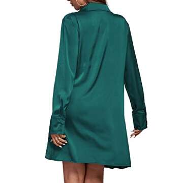 LYANER Women's Satin Collar V-Neck Drape Ruched Front Flowy Long Sleeve Short Dress Green Dark Mediu...