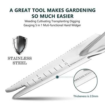 Berry&Bird Garden Hand Weeding Trowel, Stainless Steel Weeder Tool for Gardening with Wooden Handle, Multifunctional Manual Weed Puller & Digging Knife for Planting Transplanting Cutting Measuring