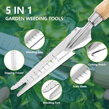 Berry&Bird Garden Hand Weeding Trowel, Stainless Steel Weeder Tool for Gardening with Wooden Handle, Multifunctional Manual Weed Puller & Digging Knife for Planting Transplanting Cutting Measuring