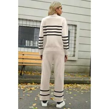 Koandaily Womens 2 Piece Striped Sweater Outfits Long Sleeve Mock Neck Pullover Top Wide Leg Pants Cozy Casual Lounge Sets
