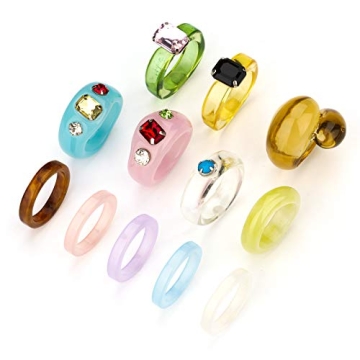 12 Pcs Chunky Resin Acrylic Trendy Stacking Rings With Crystals - Retro Vintage Gift