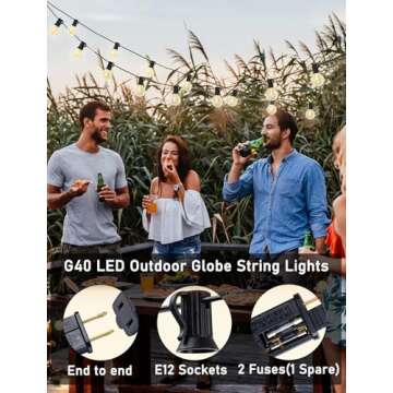 25Ft Globe Led Outdoor String Lights Waterproof Shatterproof, Connectable Hanging Patio String Lights with 25 LED Plastic Clear Bulbs, Outdoor Indoor Lights for Café Bistro Pergola Tents, Black Wire