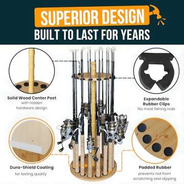 Rush Creek Creations Round 16 Fishing Rod Storage Rack - Features Traditional Handcrafted Wood Post - No Tool Assembly, Wood Grain Laminate