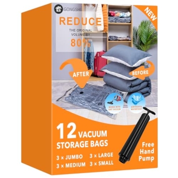 12 Pack Vacuum Storage Bags with Travel Hand Pump for Space Saver
