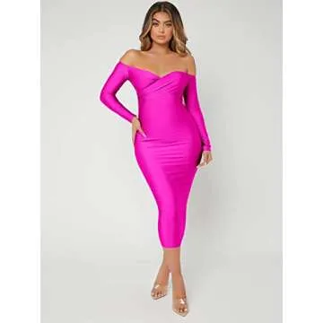 Floerns Women's Off Shoulder Long Sleeve Wrap Party Club Bodycon Long Dress Hot Pink M