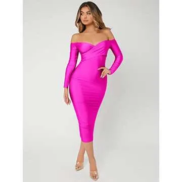 Floerns Women's Off Shoulder Long Sleeve Wrap Party Club Bodycon Long Dress Hot Pink M