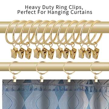 40 Pcs 1.5" Metal Curtain Rings with Clips Curtain Rod Rings Clips, Rustproof Curtain Closer Clips Drapery Hanging Rings Clips for Tension Rod Bracket Eyelets Decorative Hangers, Gold