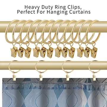 40 Pcs 1.5" Metal Curtain Rings with Clips Curtain Rod Rings Clips, Rustproof Curtain Closer Clips Drapery Hanging Rings Clips for Tension Rod Bracket Eyelets Decorative Hangers, Gold