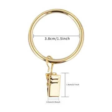 40 Pcs 1.5" Metal Curtain Rings with Clips Curtain Rod Rings Clips, Rustproof Curtain Closer Clips Drapery Hanging Rings Clips for Tension Rod Bracket Eyelets Decorative Hangers, Gold
