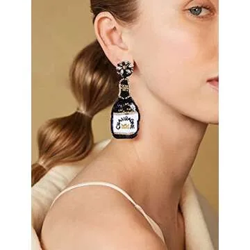 HZEYN Handmade Beaded Champagne Bottle Earrings - Fun and Chic Drop Dangle