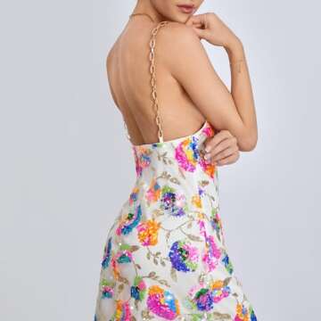 Sparkly Women Sequin Mini Dress Backless Low-Cut Rainbow Floral Spaghetti Strap Short Dress Birthday Party Cocktail Clubwear (X-Large, B White)