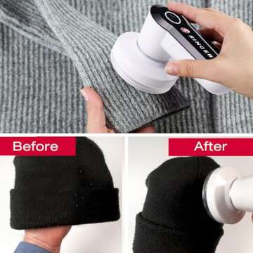 SINGER Compact Fabric Shaver and Lint Remover | Portable, Battery Operated Device with 3 Stainless Steel Blades & Detachable Lint Catcher