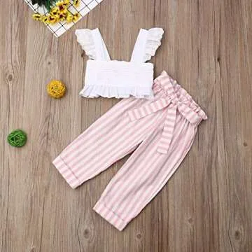 Marksmile Toddler Baby Girls Summer Outfits Flutter Sleeve Ruffle Lace Crop Tops + Bowknot Striped Pants Trouses Casual Clothes Set 2Pcs (White & Pink, 5-6 Years)