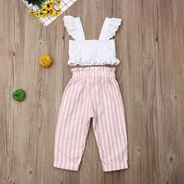 Marksmile Toddler Baby Girls Summer Outfits Flutter Sleeve Ruffle Lace Crop Tops + Bowknot Striped Pants Trouses Casual Clothes Set 2Pcs (White & Pink, 5-6 Years)