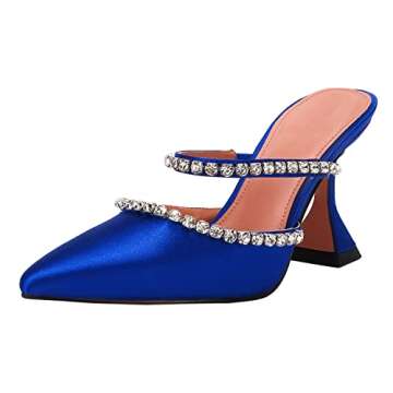 VETASTE Women's Pointed Toe Strappy Heels Crystal Satin Heeled Mules Wedding Party Shoes Blue