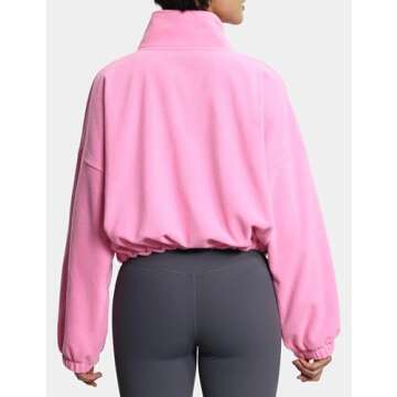 THE GYM PEOPLE Women’s Half Zip Crop Pullover Sweatshirt Fleece Stand Collar Workout Tops with Pockets Drawstring Hem Pink