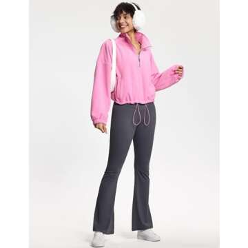 THE GYM PEOPLE Women’s Half Zip Crop Pullover Sweatshirt Fleece Stand Collar Workout Tops with Pockets Drawstring Hem Pink