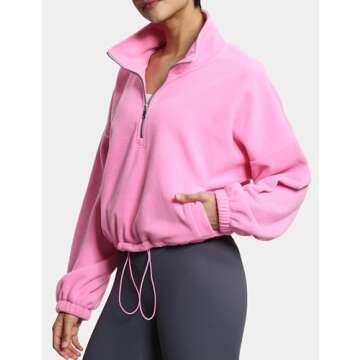 THE GYM PEOPLE Women’s Half Zip Crop Pullover Sweatshirt Fleece Stand Collar Workout Tops with Pockets Drawstring Hem Pink
