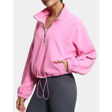 THE GYM PEOPLE Women’s Half Zip Crop Pullover Sweatshirt Fleece Stand Collar Workout Tops with Pockets Drawstring Hem Pink
