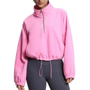 THE GYM PEOPLE Women’s Half Zip Crop Pullover Sweatshirt Fleece Stand Collar Workout Tops with Pockets Drawstring Hem Pink