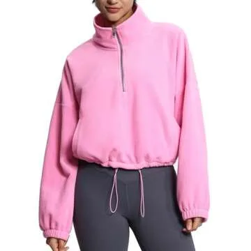 THE GYM PEOPLE Women’s Half Zip Crop Pullover Sweatshirt Fleece Stand Collar Workout Tops with Pockets Drawstring Hem Pink