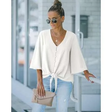 Luvamia Women's Casual V Neck Tie Front Tops for Summer 3/4 Sleeve Blouse