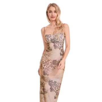 Women's Summer Spaghetti Strap Floral Maxi Dress Y2K Sexy Backless Split Long Dresses Low Cut Bodycon Midi Dress (A-Brown, L)