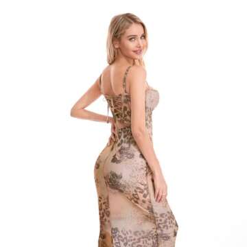 Women's Summer Spaghetti Strap Floral Maxi Dress Y2K Sexy Backless Split Long Dresses Low Cut Bodycon Midi Dress (A-Brown, L)