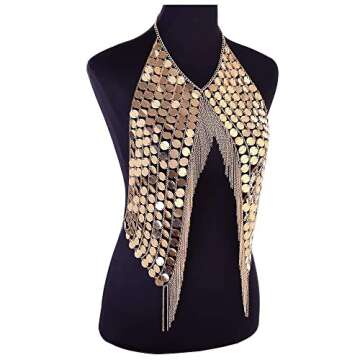 DOTASI Women's Sexy Halter Backless Tank Top Bra Body Chain Necklace Tassels Party (Gold)