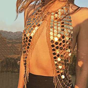 DOTASI Women's Sexy Halter Backless Tank Top Bra Body Chain Necklace Tassels Party (Gold)