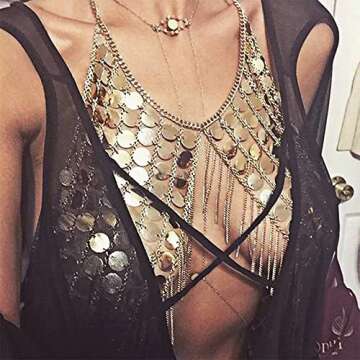 DOTASI Women's Sexy Halter Backless Tank Top Bra Body Chain Necklace Tassels Party (Gold)