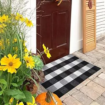 Fall Door Mat, Black and White Buffalo Plaid Outdoor Doormat, Washable Welcome Checkered Front Door Mat Porch Decor Fall Decorations for Home, Indoor, Front Door, Farmhouse, Entryway