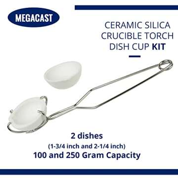 MegaCast Small Melting Ceramic Crucible Dish Cup Set of 2 Melting Gold Silver Copper Whip Tongs Hand...