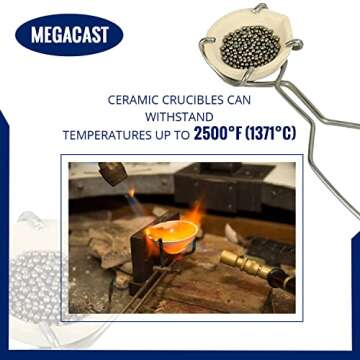 MegaCast Small Melting Ceramic Crucible Dish Cup Set of 2 Melting Gold Silver Copper Whip Tongs Handle 2A