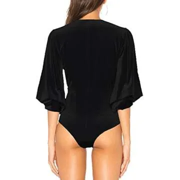 PinkWind Low V Ruffle Sleeve Thong Velvet Black Blouse Romper Bodysuit for Women M
