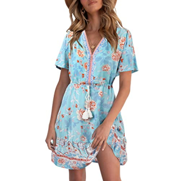 KYL Women's Summer Boho Beach Mini Dress Casual Short Sleeve Flowy Ruffle Bohemian Floral Dress Sky ...