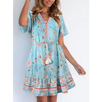 KYL Women's Summer Boho Beach Mini Dress Casual Short Sleeve Flowy Ruffle Bohemian Floral Dress Sky Blue Medium