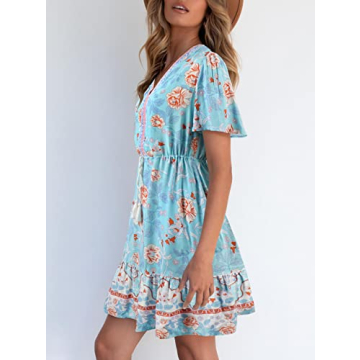 KYL Women's Summer Boho Beach Mini Dress Casual Short Sleeve Flowy Ruffle Bohemian Floral Dress Sky Blue Medium