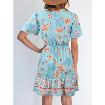 KYL Women's Summer Boho Beach Mini Dress Casual Short Sleeve Flowy Ruffle Bohemian Floral Dress Sky Blue Medium