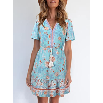 KYL Women's Summer Boho Beach Mini Dress Casual Short Sleeve Flowy Ruffle Bohemian Floral Dress Sky Blue Medium